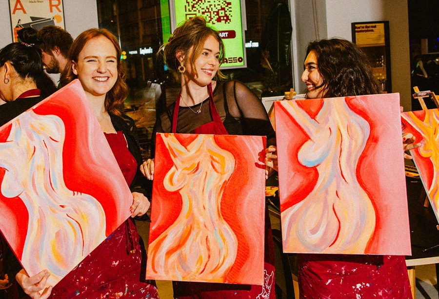 Friends enjoy a Private Birthday paint and sip Event at Pinot & Picasso